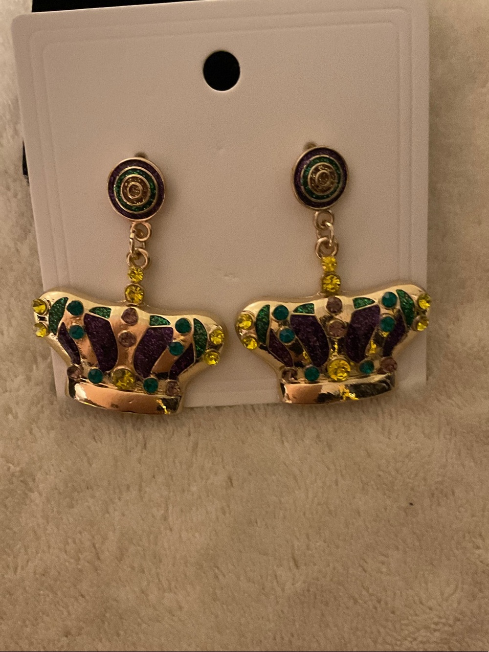 Gold-Tone Crown Drop Earrings with Purple, Green & Yellow Accents